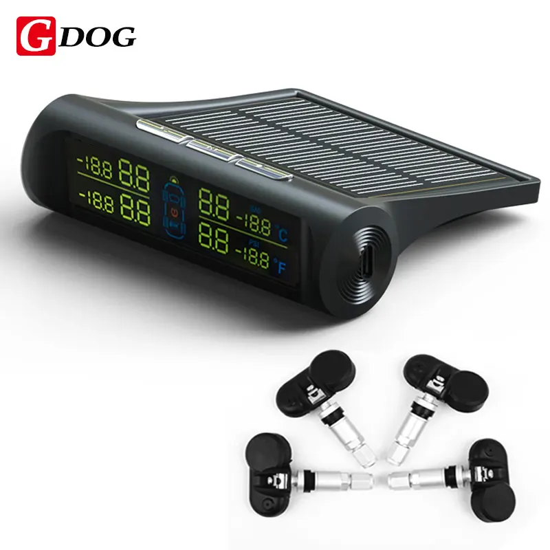 

G-DOG X1 wireless TPMS solar power tire pressure monitor system with internal sensors LED display black case for 4 wheels car