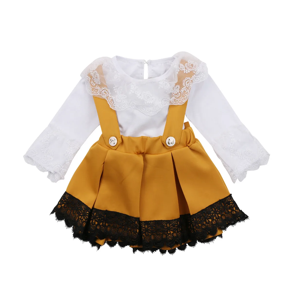 Детский комплект одежды для маленьких девочек, Осенний кружевной комбинезон с длинными рукавами, белые боди, вечерние юбки с бантом одежда для девочек хлопковая одежда, комплект из 2 предметов