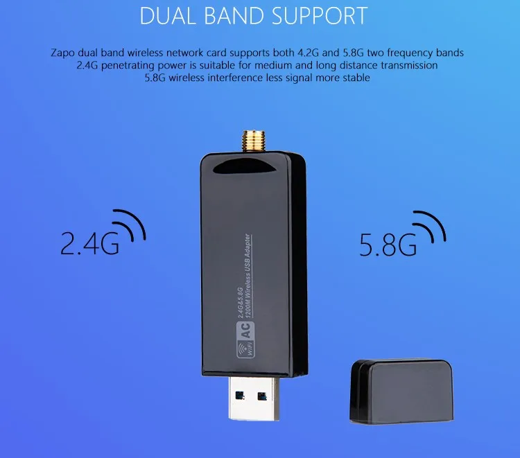 ZAPO Stronger 5.8G WIFI USB 3.0 1200 Мбит / с адаптер Dual Band 5dbi Антенна Беспроводная сетевая карта 802.11ac для Windows Linux Android