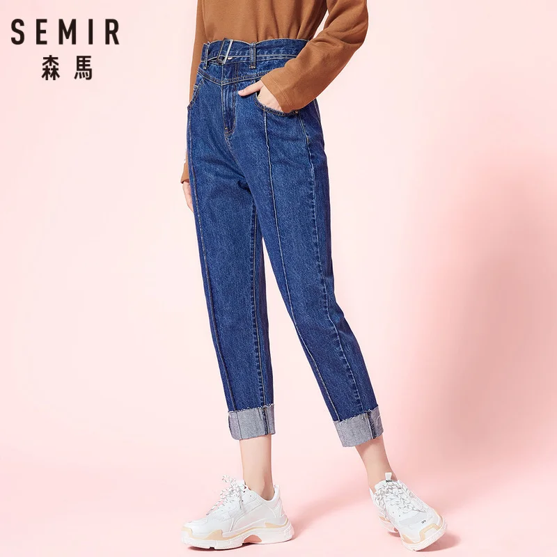 

SEMIR Women 100% Cotton Boyfriend Cropped Jeans with Buckle Belt Regular Fit Ankle Jeans in Washed Denim with Roll-up Hem