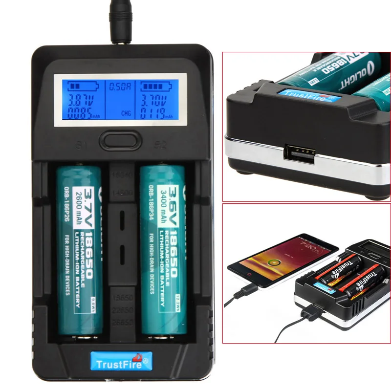 

TrustFire TR-011 Digital Intelligent Battery Charger LCD Display Power Bank with Two Slots USB Port for 18650 14500 26650
