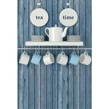 

Tea Time Photo Background Wood Planks Printed Blue and White Cups Dish Teapot Baby Kids Grey Wooden Wall Photography Backdrops