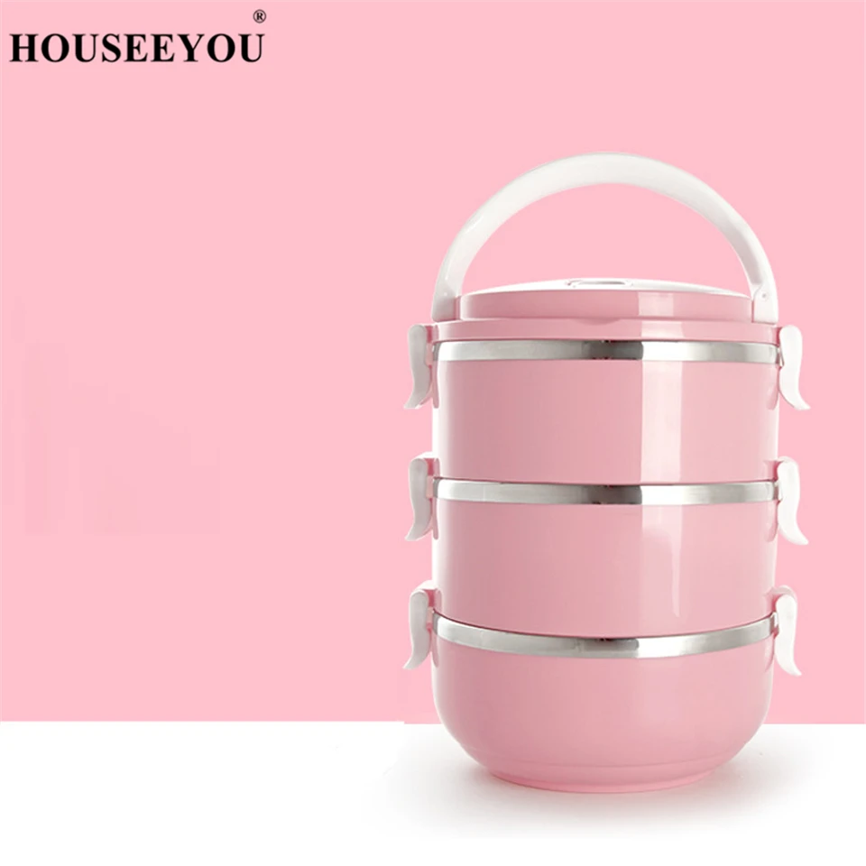 HOUSEEYOU милый японский термальный Ланч-бокс герметичный из нержавеющей стали Bento box детский портативный контейнер для еды для пикника и школы - Цвет: Pink 3 Layer