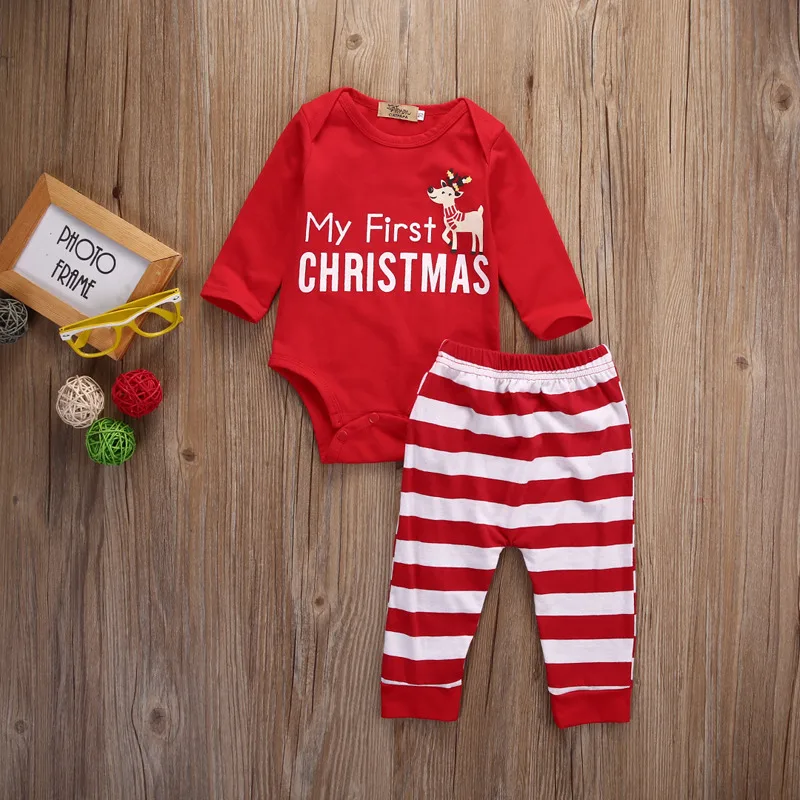 Комплект из 2 предметов для новорожденных девочек и мальчиков, комбинезон с длинными рукавами+ штаны в полоску, Рождественский комплект одежды для малышей