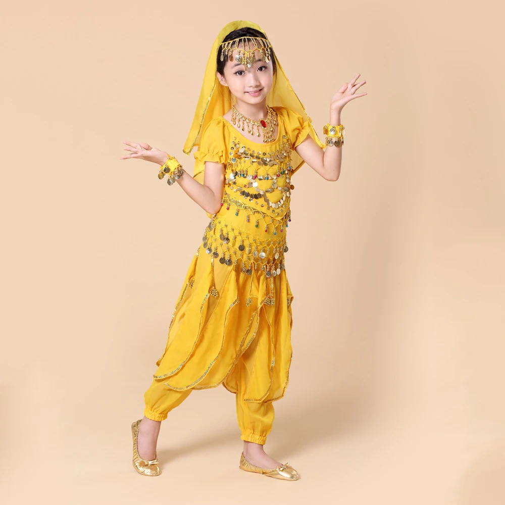 Детский танец живота 5 шт.(топ+ штаны+ цепочка на талии+ браслет+ головной убор) Индийская одежда девушки танец живота костюм Болливуд H007