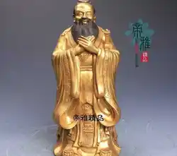 Китай Конфуцианство Бронза Медь 24 К Золото Позолотить Конфуция Kongzi Kong zi Статуя