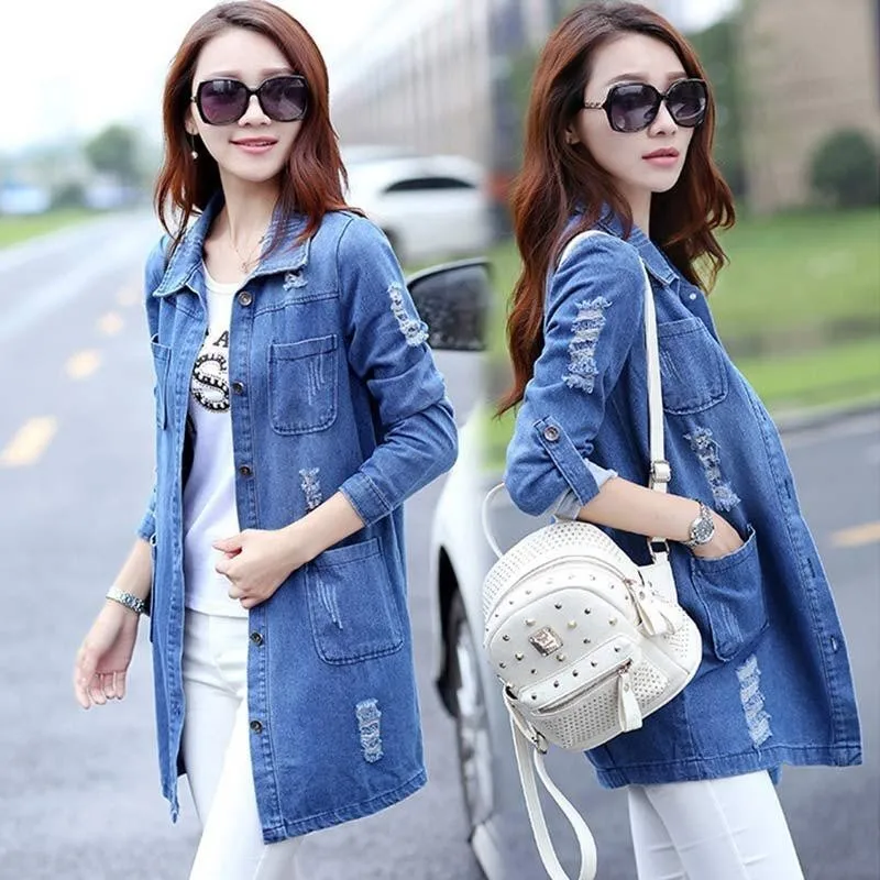 Yocalor Базовые Женские длинные джинсовые пальто, тонкая рваная ...