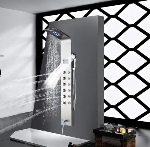 

LED Head Sprayer Nickel Brushed Waterfall Shower Panel Wall Mounted Bathroom Shower Faucet Shower Panel Column With Hand Sprayer