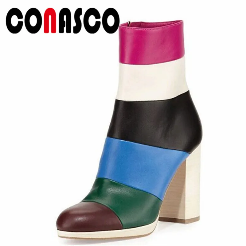

CONASCO Brand Women Mid-calf Boots High Heels Autumn Winter Martin Shoes Woman Sexy Patchwork Prom Party Pumps Platforms Shoes