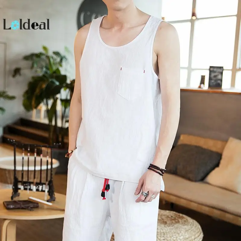 

LOLDEAL Men's Fashion Summer Set Sleeveless Shirt Shorts Solid Color Vest + Shorts