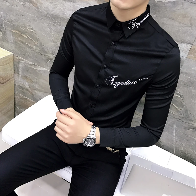 Качественная мужская приталенная рубашка с длинным рукавом, мужская рубашка с вышитыми буквами, черный и белый цвета, повседневные мужские рубашки 3XL-M