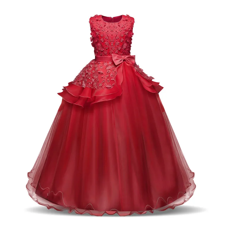 Длинное платье с цветочным узором для девочек, праздничная одежда с цветочным рисунком, детская одежда, вечерние платья для девочек, Детский костюм, Подростковая церемония для девочек 14 лет - Цвет: Red