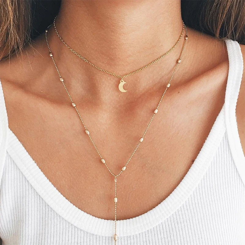 

Simple Multi Layered Gold Moon Chain Pendant Necklace Set Women's Fine Fashion Clothing Jewelry Accessories