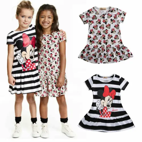 Летнее платье с рисунком для девочек, платье с Минни Маус, платье принцессы в полоску с короткими рукавами, Детские платья для девочек