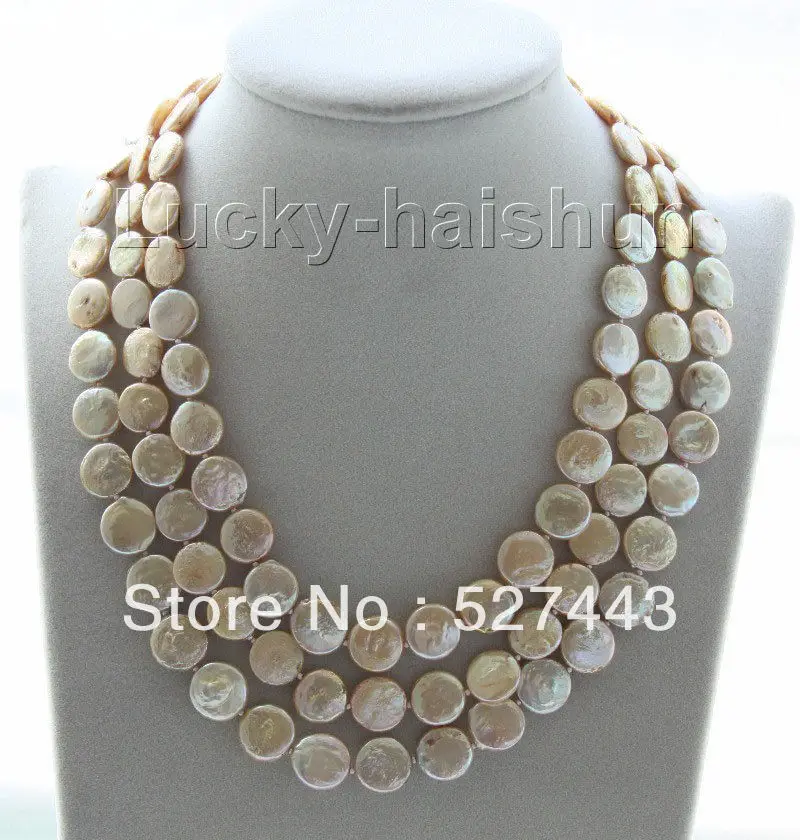 

Wholesale free shipping >>adjustable 15.5"-17.5" 3row 12mm coin fastener champagne pearls necklace j9505