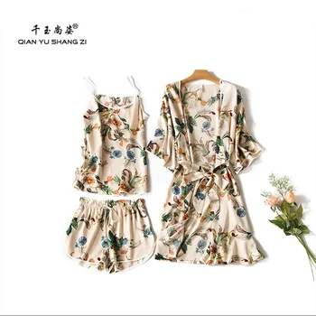 

QYSZ High Quality Summer Tee & Short Pyjama Set Women Imitated Silk Orient Print Pajamas Homewear Girls Three Pieces Nightwear