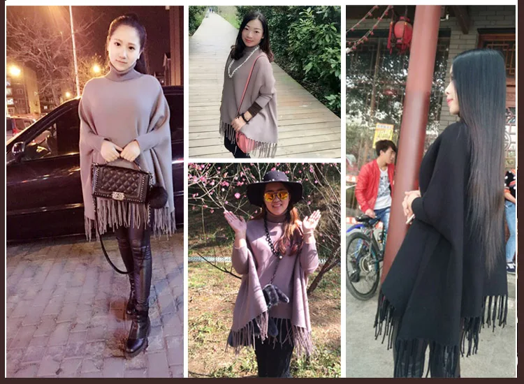 Зимние Для женщин пуловер с воротником "хомут" модная обувь в Корейском стиле; Размеры свободные шерстяной свитер "летучая мышь" женские вязаные пончо и Накидки пальто
