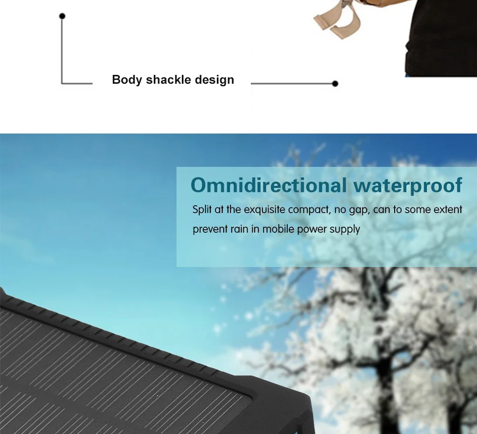 Перезаряжаемый Солнечный внешний аккумулятор 8000 мАч, двойной USB внешний аккумулятор, водонепроницаемый, для путешествий, солнечная панель, внешняя батарея, зарядка с компасом