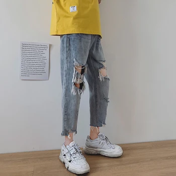 

2019 Summer Men's Beggar Stretch Slim Fit Classic Skinny Jeans Blue Color Ripped Holes Casual Pants Biker Denim Trousers M-2XL