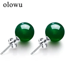 Olowu, серьги-гвоздики с натуральным зеленым натуральным камнем, серебряные женские серьги, женские серьги с круглым бусином, модные ювелирные изделия