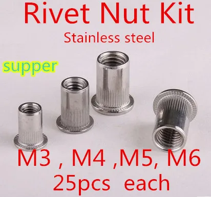 

100pcs/lot 25pcs each M3 M4 M5 M6 SUS 304 Rivet Nut kits stainless steel insert nut ss rivet nut kit