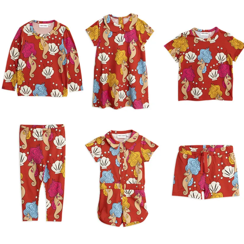 

2019Spring and Summer New MINI Same Series Full Printed Hippocampus Girl Sea Horse Dress Shirt T-shirt Pants Kid Shorts