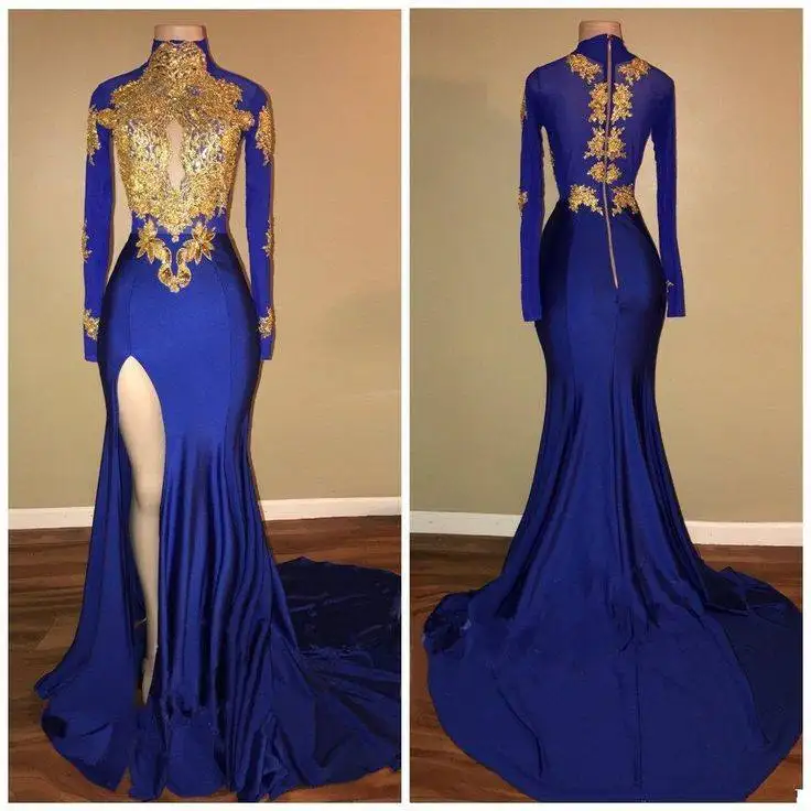High Neck Royal Blue Prom Dresses with Slit Long Sleeves Slim Fit Prom