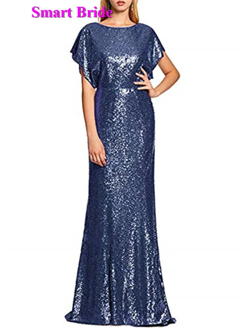 Mermaid Sequined Evening Dresses Long O-Neck Backless Cap Sleeve Formal Party Gown for Women 2019 Floor Length EDress 6