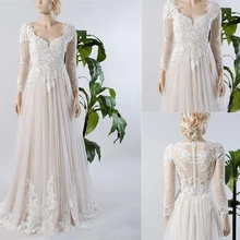 Illusion Sheer пуговица сзади подкладка цвета шампанского внутри пляжное свадебное платье трапециевидной формы с длинным рукавом Кружевное Тюлевое свадебное платье