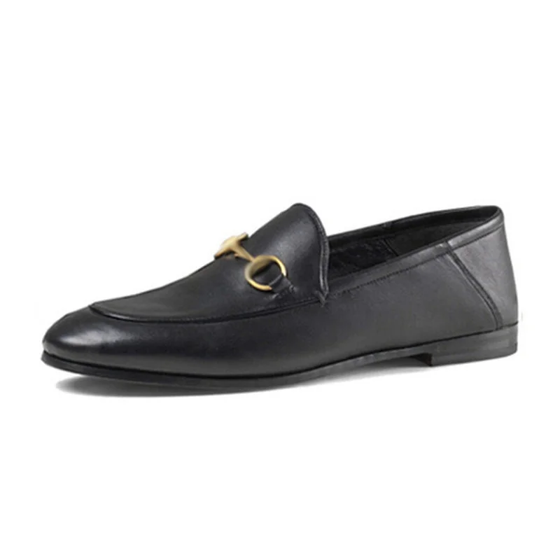 

Genuine Leather Women's Shoes Luxury Brand Retro Horse Bit Buckle Fashion Lady Shoes Women Flat Leather Pedal British Shoes