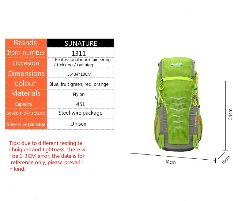 Sunature, туристический рюкзак для путешествий, походный рюкзак для альпинизма, вместительный рюкзак для кемпинга, туризма, водонепроницаемый нейлоновый рюкзак 45л