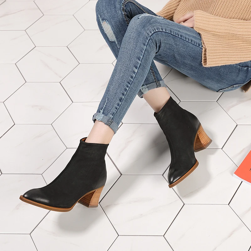 

2018 Autumn Winter Pointed Toe Shoes Women Ankle Boots Handmade Block Heels Genuine Leather Snow Boots Ladies Warm Boots