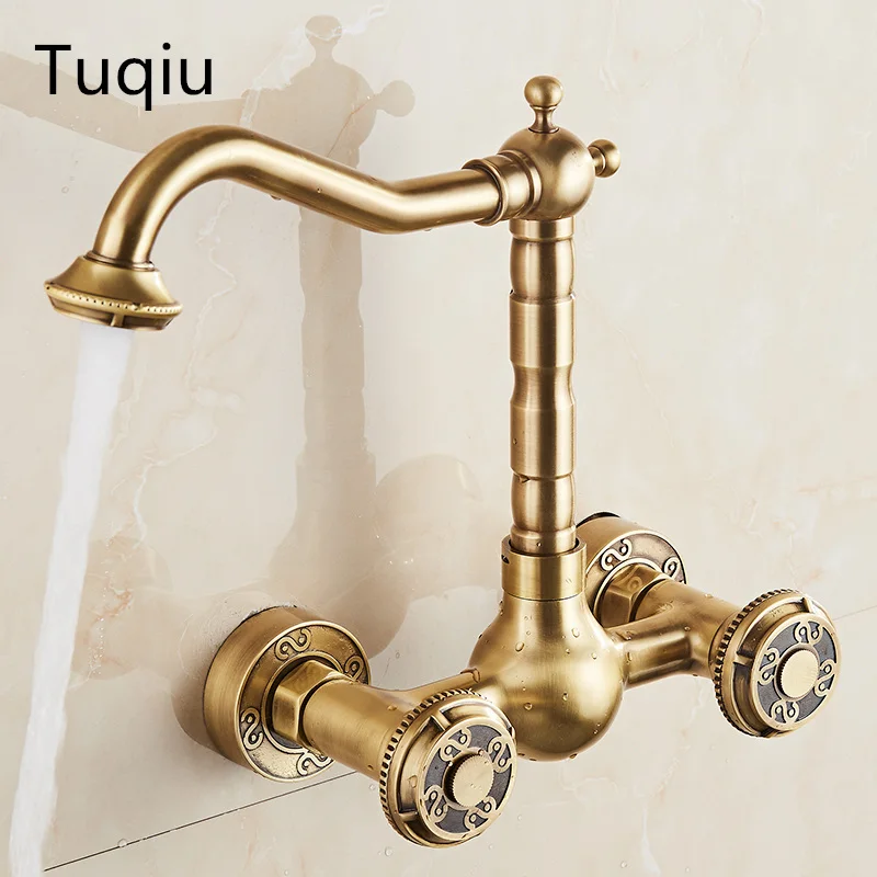 brass material wall mounted antique kitchen faucet hot and cold single