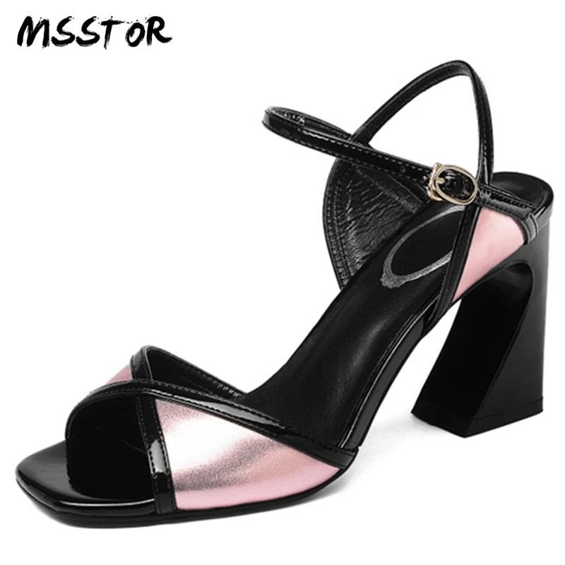

MSSTOR Cross-tied High Heels Sandals Women Peep Toe Fashion Party Genuine Leather Buckle Strap Woman Sandals Mixed Colors Pumps