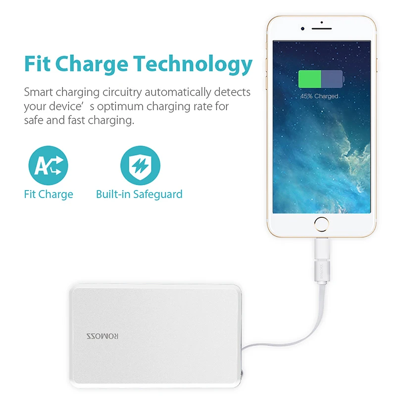 ROMOSS QS05 5000mAh Power Bank With Built-in Micro USB Cable External Battery Pack Travel Size Portable Charger For iPhone