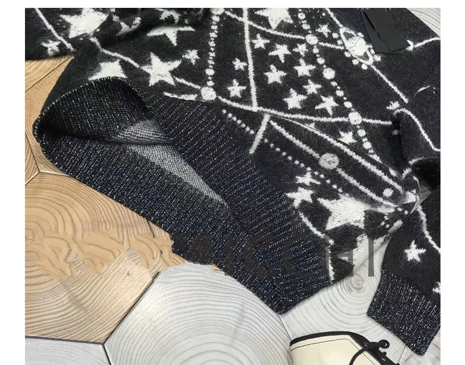 SE вязаный мохеровый вязаный свитер с изображением планеты звезд, Пуловеры с круглым вырезом и длинным рукавом, черный свитер, Модный Свитер оверсайз