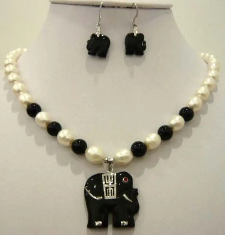 

White pearl purple jade black agate elephant pendant necklace earring set 5.31