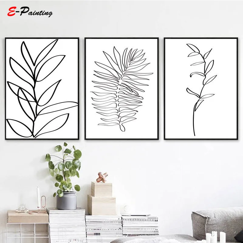 

Modern Abstract Canvas Painting Line Art Black White Line Drawing Tropical Leaf Botanical Poster Prints Minimalist Wall Decor