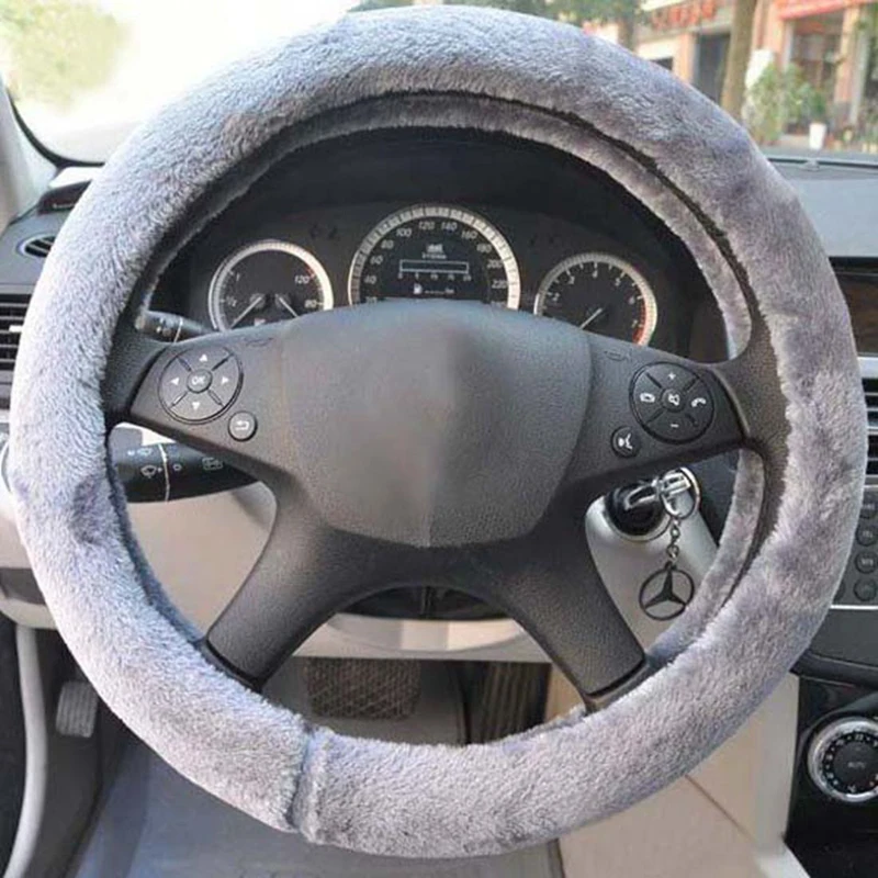 36-38cm Grey Universal Car Auto Soft Plush Warm Steering Wheel Cover For Winter
