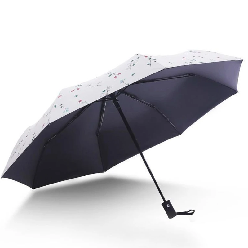 Луда полностью автоматическая небольшой Стильный Зонтик для дождливой погоды женские зонт, Складывающийся втрое Цветочный Черное