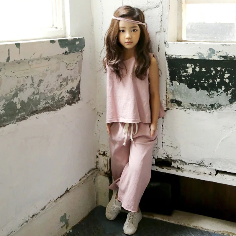 

Casual Kids Clothes Suit For Teenage Girls Clothing set 2019 Summer Solid Vest Tshirt Pants 2-piece Soft Cotton Children Outfits