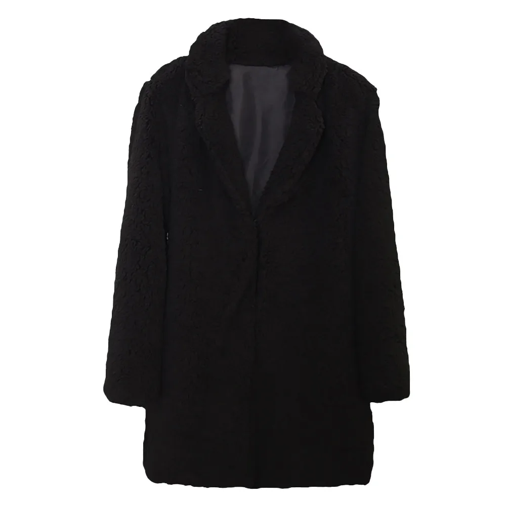 CHAMSGEND Женское пальто из искусственного меха зимнее однотонное пальто с длинным рукавом женское повседневное пальто с отложным воротником No8 - Цвет: BK