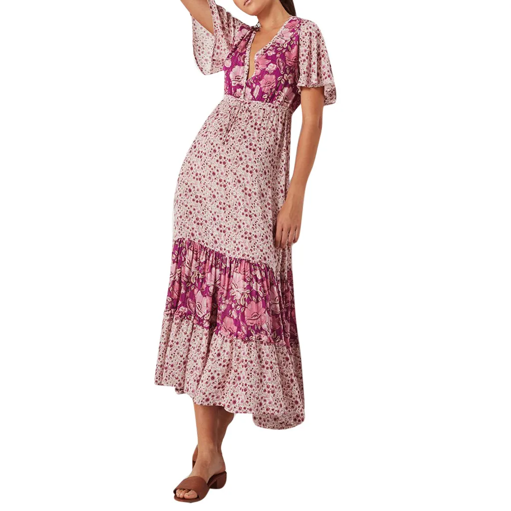 Summer Sexy Party Dress Women Fashion Plus Size Sexy Vintage Print V-Neck Short Sleeve Loose ForkBeach Long Dresses Woman