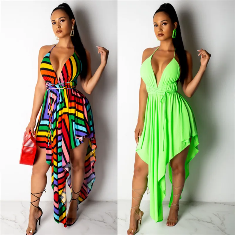 

Stylish Women's Irregular Dress Boho Short Mini Dress Summer Beach Holiday Rainbow Printed Sling Dresses Evening Party Sundress