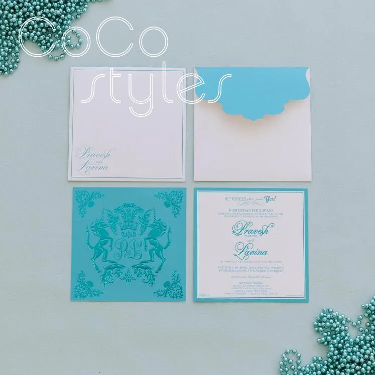  Cocostyles bespoke exquisite blue debossed design invitation card with matching envelope for royal  - 32891894330