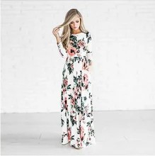

Summer casual dress woman plain round neck printed large swing long sleeve Western dress