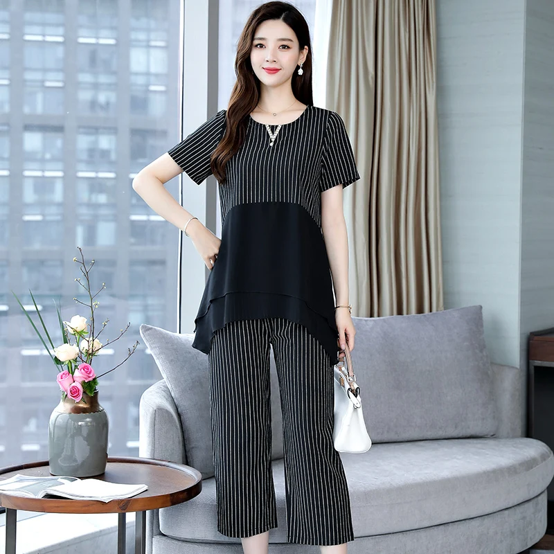 

Women Two Piece Matching Set Outfits 2019 Summer Plus Size 3XL 4XL 5XL Pants and Top Co-ord Set Trouser with Stripes Clothing