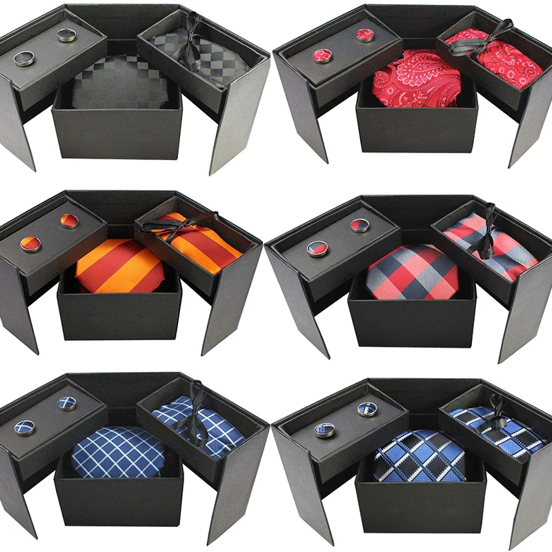  RBOCOTT Novelty Box Set Tie Sets Men's Classic Silk ties Handkerchief Cufflinks Gift Box Striped&Pl