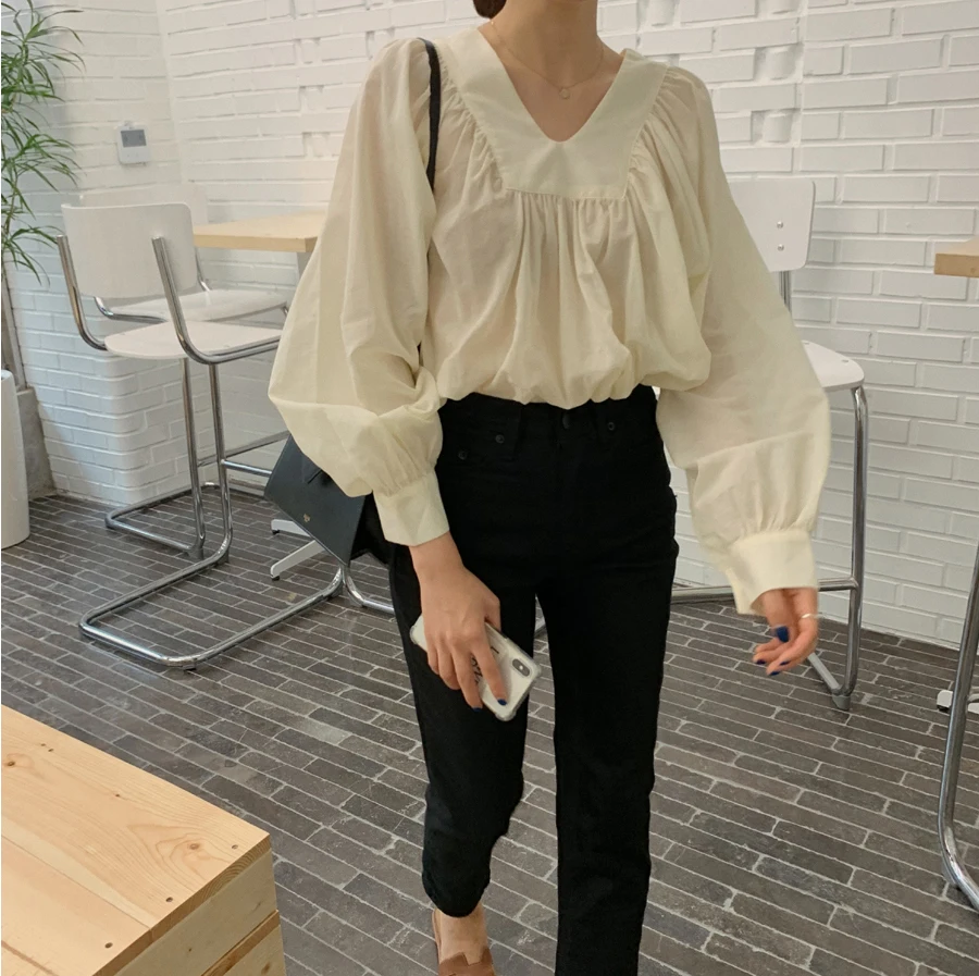 

Korean Blusas Mujer De Moda 2019 New Long Sleeve Autumn Sexy V-neck Loose Vintage Casual Women Blouses and Tops Mujer Elegant
