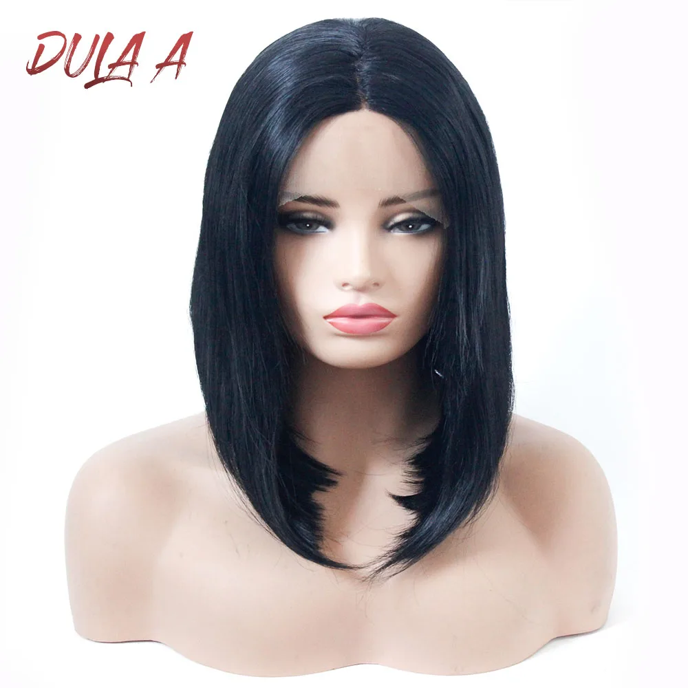 Dula A 14 дюйм(ов) настоящие волосы черный короткий боб прямой синтетический Glueless спереди кружево парик Средний часть для черный для женщин уха